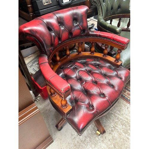 5 - Red Chesterfield Captains Chair, Missing One Caster.