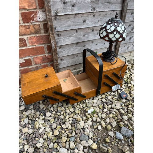 115 - Vintage Cantilever Sewing Box And Tiffany Style Lamp.