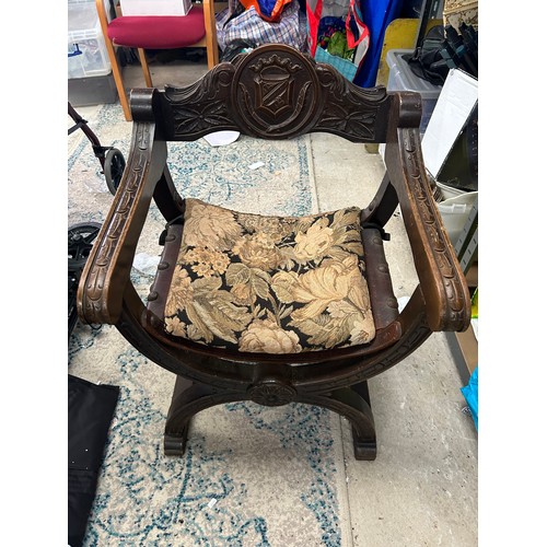 24 - Oak Carved Chair With Coat of Arms Emblem