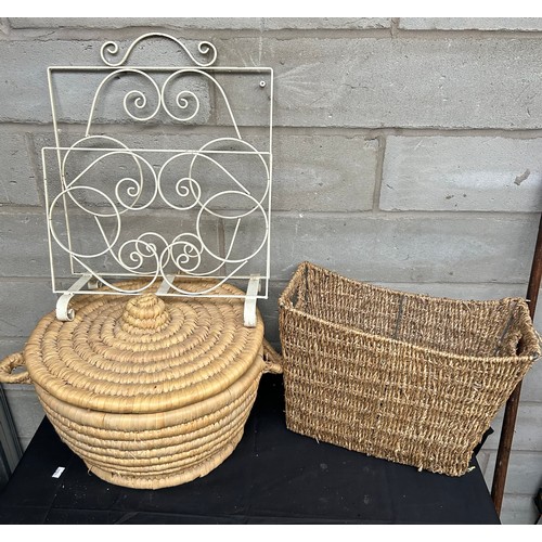 47 - Wicker Lidded Basket Plus Other And Magazine Rack.