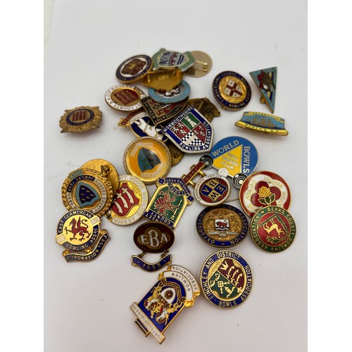 103 - Bag Of Approx 30 Badges Relating To Bowling , Enamel Mostly.