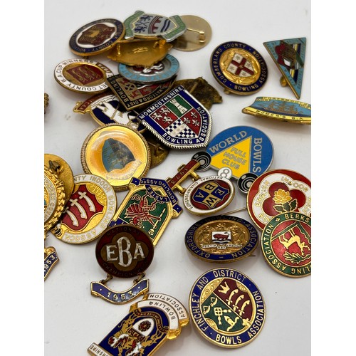 103 - Bag Of Approx 30 Badges Relating To Bowling , Enamel Mostly.