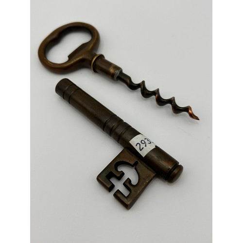 140 - Vintage Brass Corkscrew/Bottle Opener In The Shape Of A Key.