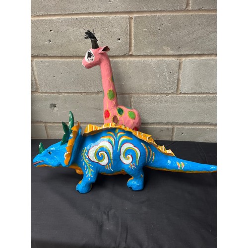 19 - Set of 2 Paper Mache Hand Painted Animal Figures Colorful Dinosaur and Giraffe Standing 18