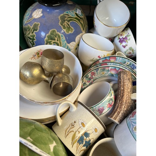 27 - Large Tray Of Various pottery Items To Include Lamp base Thermometer and Brass Eggcups