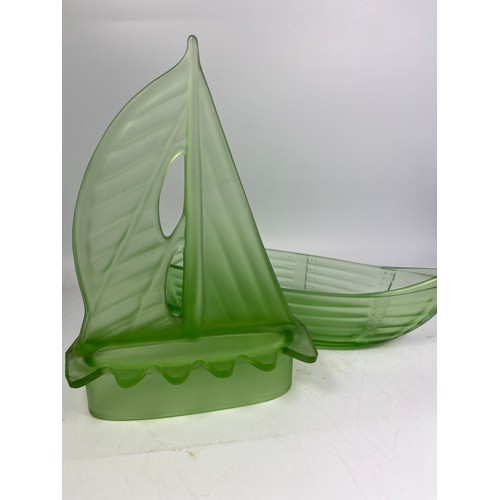 55 - Uranium? Green Glass Sailboat 11” x 9”