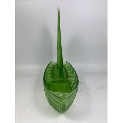 55 - Uranium? Green Glass Sailboat 11” x 9”