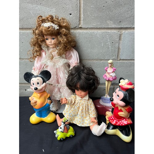 75 - Tray To Consist Of 1 Doll. Ceramic Doll on Stand. Plastic Disney Characters