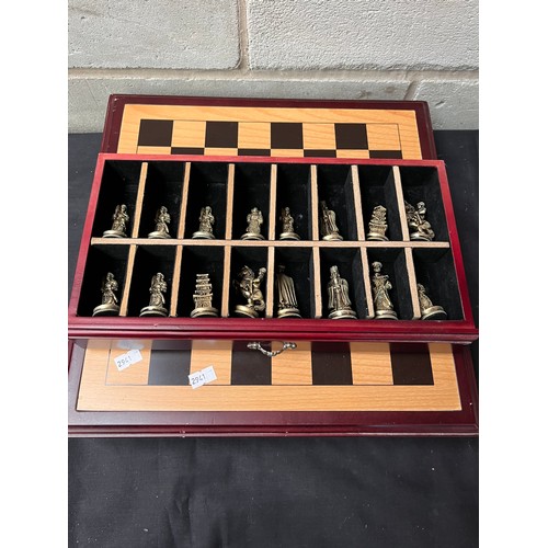 80 - Chess Board On Base. Drawer With Chess Pieces