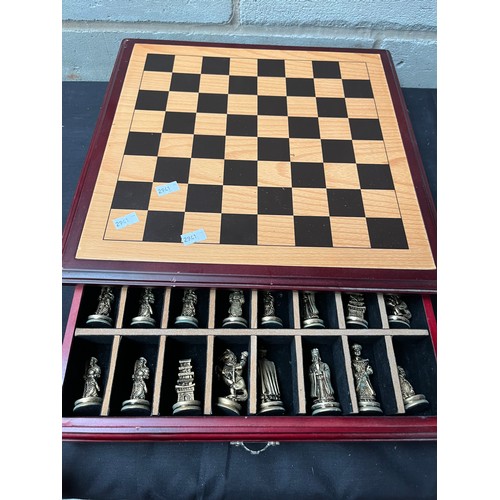 80 - Chess Board On Base. Drawer With Chess Pieces