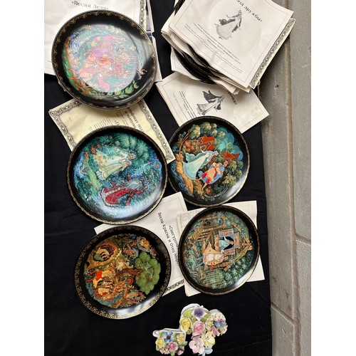 233 - Collection Of Decorative Wall Hanging Painted Plates With Paperwork. Plus 4 Floral Trinkets