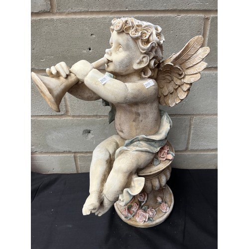 254 - Harp Playing Cherub Sitting on Pedestal. Standing 22”