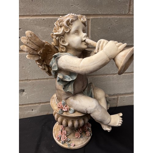 254 - Harp Playing Cherub Sitting on Pedestal. Standing 22”