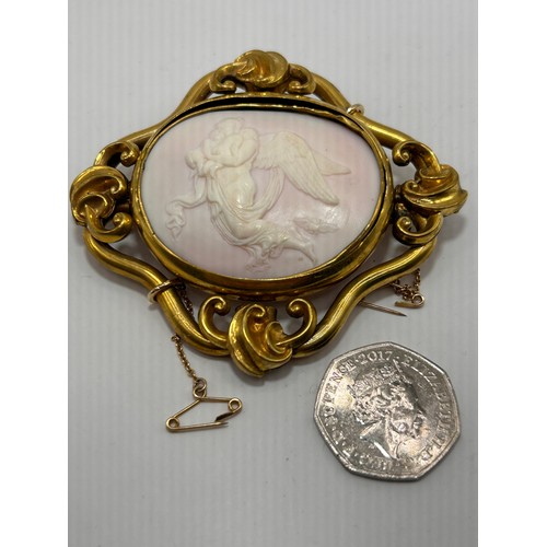 127 - Huge Yellow Metal Cameo With Double Safety Chain. 3.5' Wide