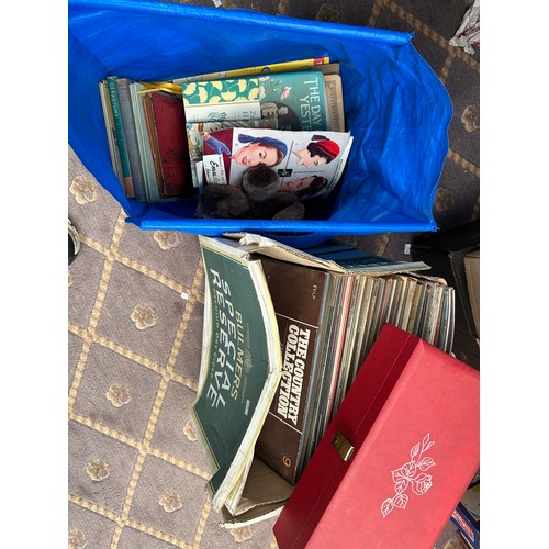 523 - Box Of Vinyl , Vintage Books , Jewellery Box, Mirror Etc.