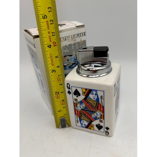 123 - Boxed As New Ceramic Table Lighter With Playing Card Theme.