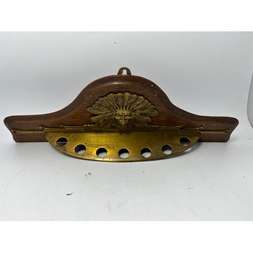 34 - Wall Hanging Pipe Holder With Brass Decorative Mount. Width 16” .