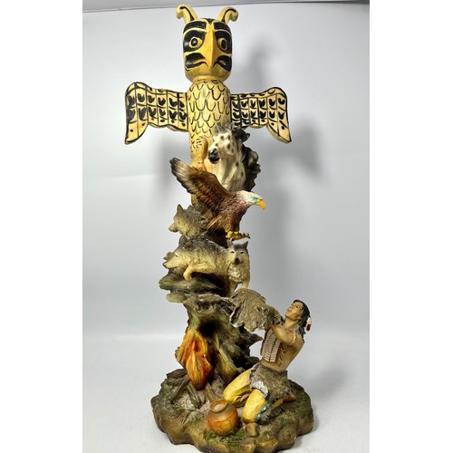 23 - 3 Resin Figurines. Totem Pole With Animals And Worshipping Indian. Standing 21” Chief 23