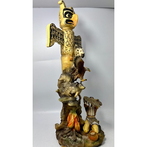 23 - 3 Resin Figurines. Totem Pole With Animals And Worshipping Indian. Standing 21” Chief 23