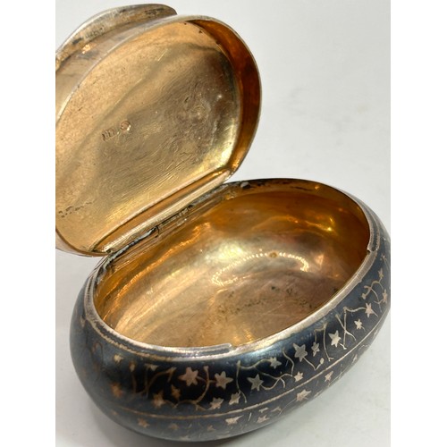 62 - Lovely Little Oval Shaped Snuff Box , Niello Or Enamel ? Signed MS.