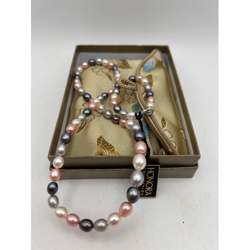 132 - Set Of Honora Multi Coloured Pearls With Silver Clasp, With Box And Purse.