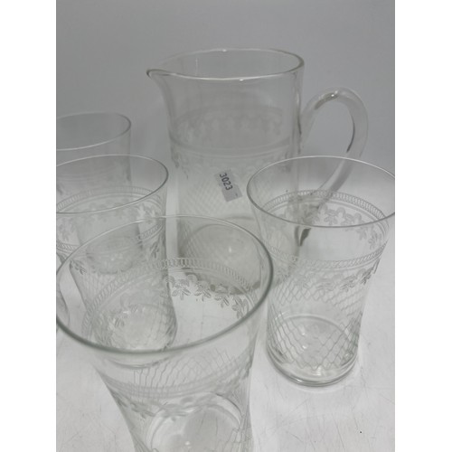 38 - Edwardian Etched Lemonade Set Jug 4 Glasses