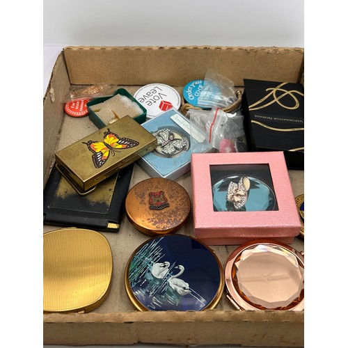 412 - Tray Of Collectibles Including Compacts , Badges, Jewellery etc.