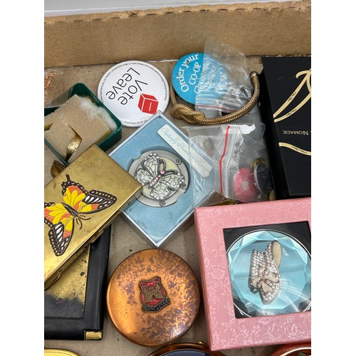 412 - Tray Of Collectibles Including Compacts , Badges, Jewellery etc.