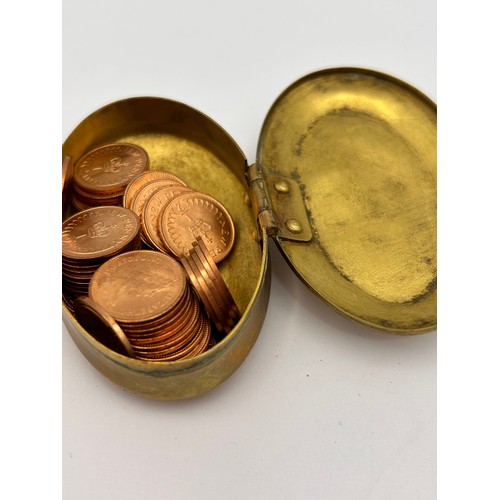 446 - Brass Trinket Box Full Of Uncirculated? Half Pence Pieces.