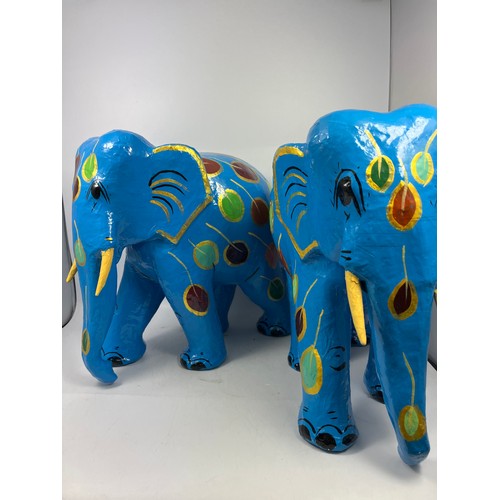 253 - Pair Of Hand Painted Paper Mache Blue Elephants Standing 14”