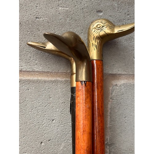 290 - Three Brass Duck Head Walking Sticks.