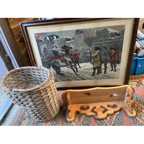 22 - Wooden Shelf , Wicker Stair Storage , Signed Print.