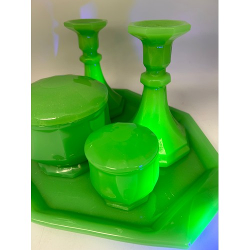 523 - Stunning Uranium Milk Glass Dressing Table Set.