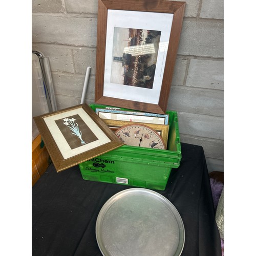 551 - Pictures And Prints , White Metal Tray And Clock.