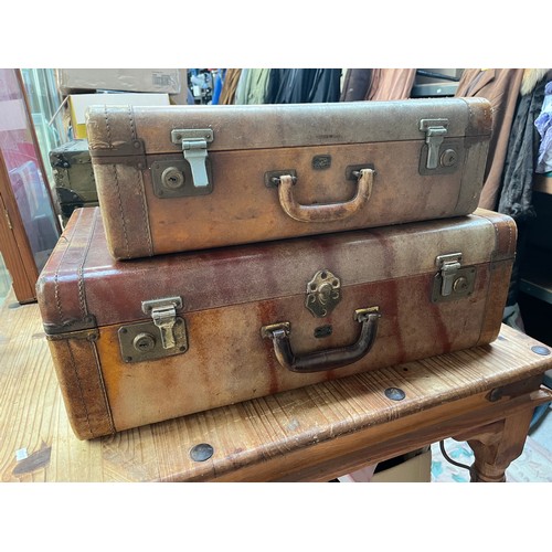 255 - Pair Vintage Leather Matching Suitcases 26 X 16 X 9” And 21 X 13 X 7” By Carson Quality Luggage