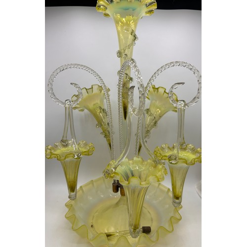 219 - Stunning Victorian  Manganese Yellow/Green Glass Epergne  With Hanging Basket Detail And Three Trump... 