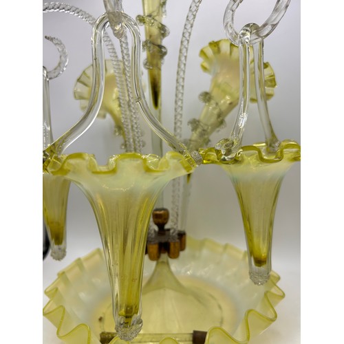 219 - Stunning Victorian  Manganese Yellow/Green Glass Epergne  With Hanging Basket Detail And Three Trump... 