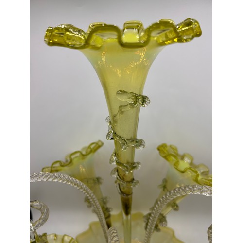 219 - Stunning Victorian  Manganese Yellow/Green Glass Epergne  With Hanging Basket Detail And Three Trump... 