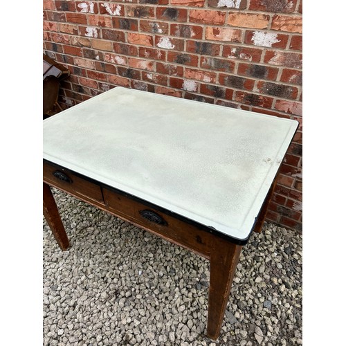 271 - Antique Enamel Topped Table With Full Length Drawers 46.5 x 33 x 32