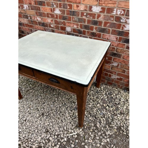 271 - Antique Enamel Topped Table With Full Length Drawers 46.5 x 33 x 32