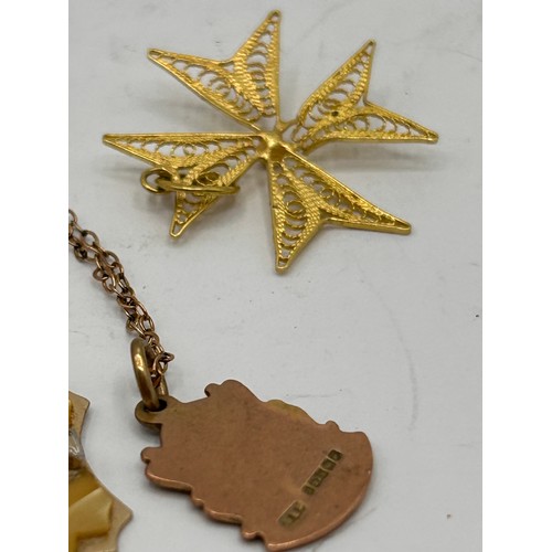 227 - 9ct Filigree Maltese Cross (see pics), Along With Yellow Metal Chain With 9ct Ireland Pendant. 3.5g