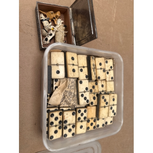 44 - Bone And Ebony Dominoes Along With Lead Animal Miniature's In White Metal Box