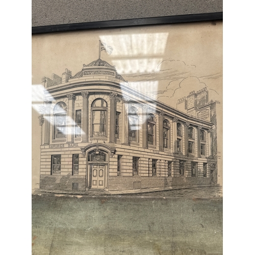 60 - 4 Original Artworks Plus Framed Map Of York County Savings Bank And Pen Drawing