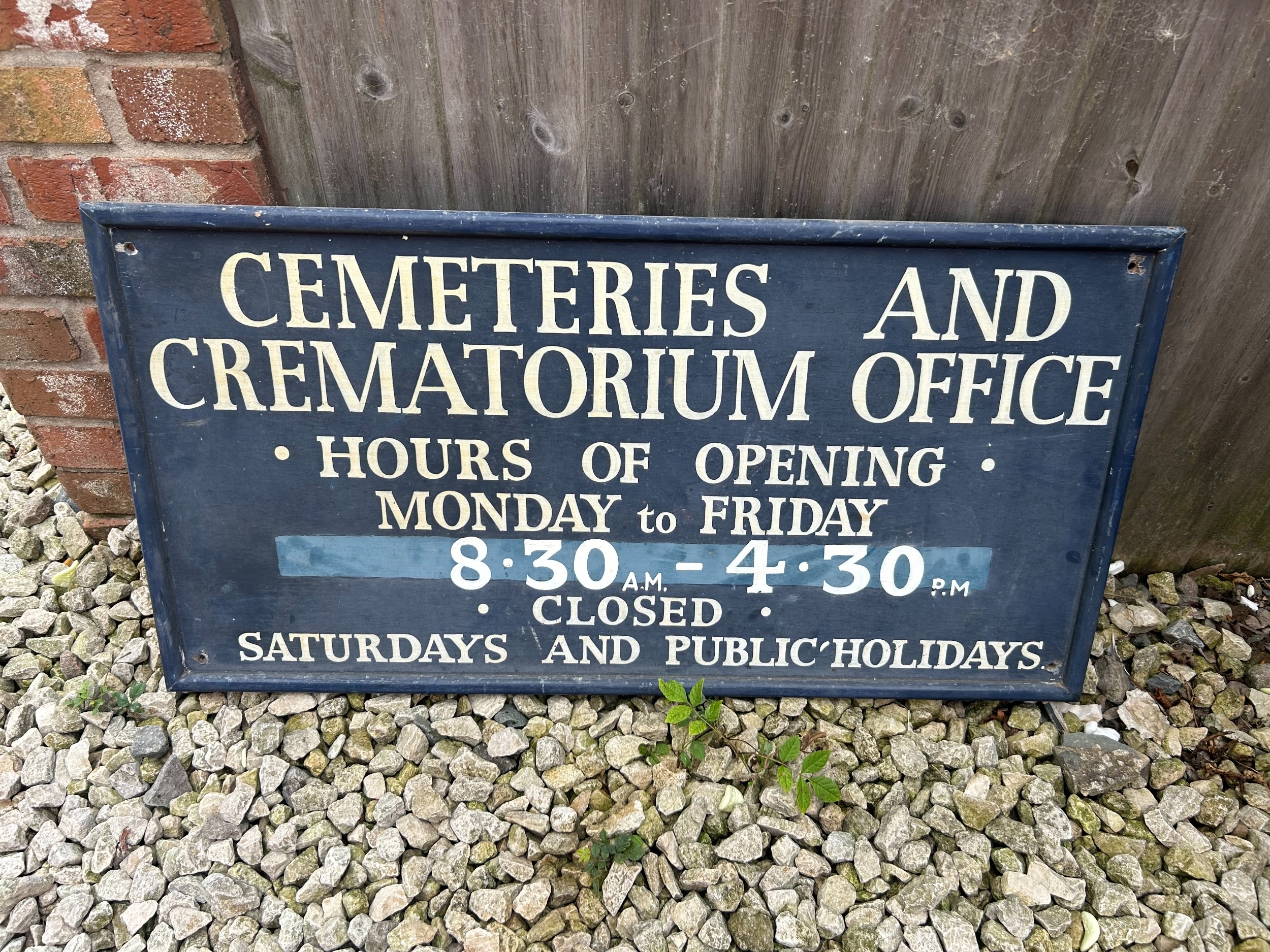 Vintage Painted Cemeteries and Crematorium Office Sign, 37 x 19”