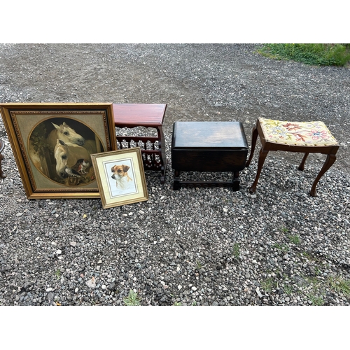 43 - A Priscilla-Style Wooden Sewing Cabinet, a Drop-Leaf Table, a Stool, and Two Framed Artworks