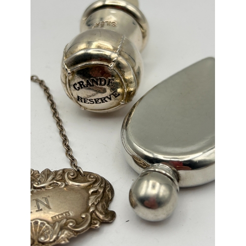 100 - A Trio of Accessories , Silver Gin Label , Stopper , Small Flask.