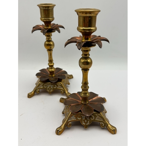 102 - A Pair of Baldwin Brass and Copper Mixed-Metal Candlesticks