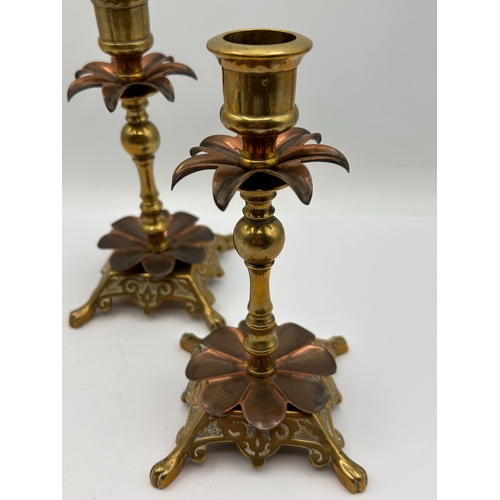 102 - A Pair of Baldwin Brass and Copper Mixed-Metal Candlesticks