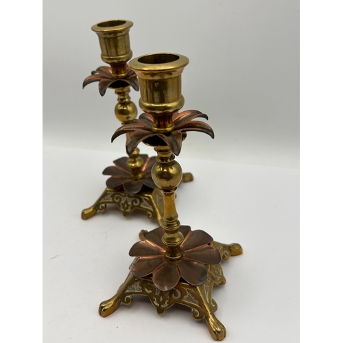 102 - A Pair of Baldwin Brass and Copper Mixed-Metal Candlesticks
