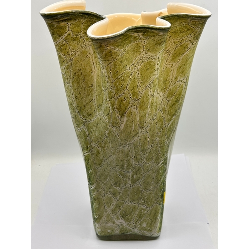 114 - Jozefina Krosno Hand Blown Green Marbled Art Glass Vase